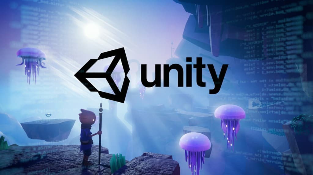 Stylized Unity game world with floating islands, bioluminescent creatures, and code framing the scene
